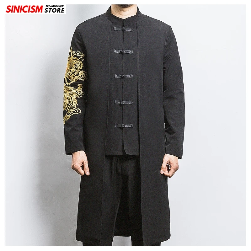 Sinicism Store, мужской свободный Тренч с вышивкой, мужская куртка в китайском стиле с пряжкой, теплый длинный Тренч,, мужские осенние пальто, большие размеры