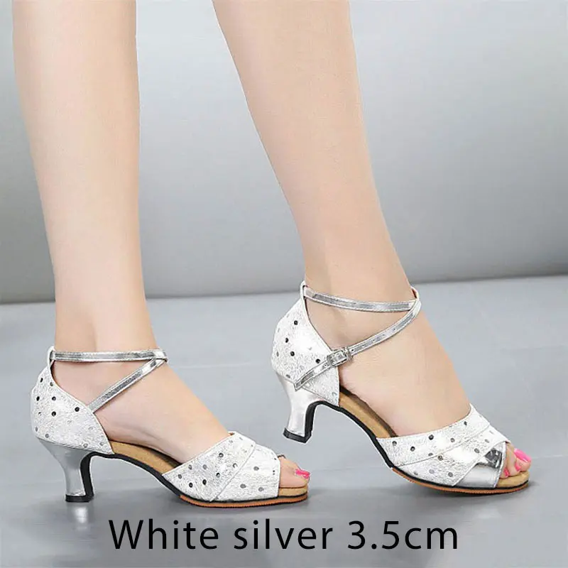 White silver 3.5cm Из ткани, расшитой пайетками; Для женщин Туфли для латинских танцев сальса; бальные танцы; Танго Танцы туфли женские туфли на высоком каблуке Waman летние сандалии - Цвет: White silver 3.5cm
