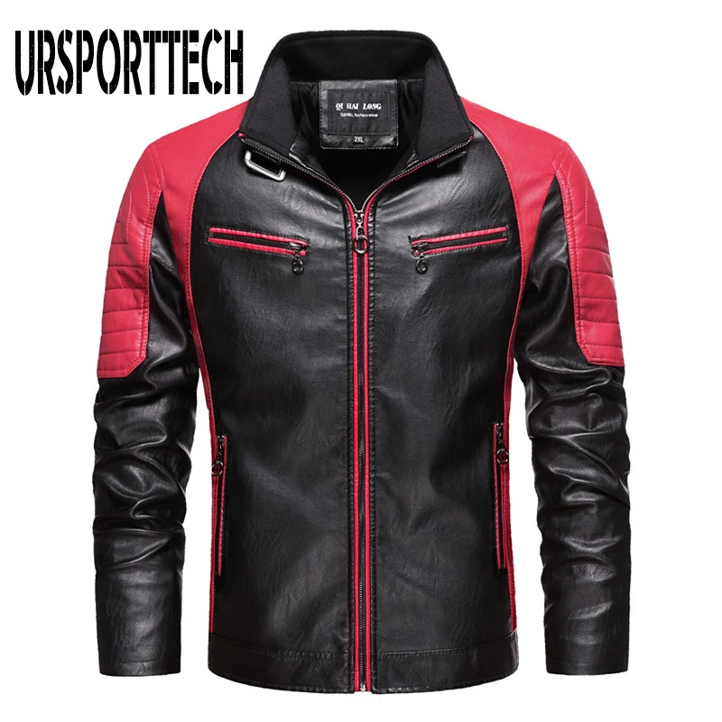 URSPORTTECH-chaqueta de cuero empalmada para hombre, abrigo informal Vintage de lana con cuello levantado, chaqueta de cuero para motocicleta de calidad