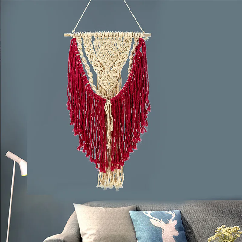 

Red Purple Bohemian Macrame Wall Art Handmade Cotton Wall Hanging Tapestry Nordic Tapestry with Tassel Home Wedding Decoration