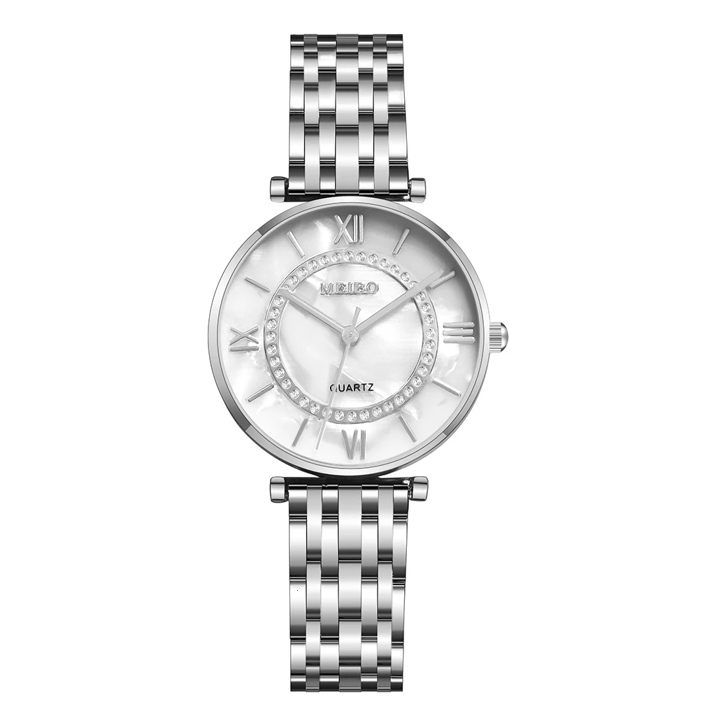 Женские часы MEIBO, стразы из нержавеющей стали, повседневные роскошные женские кварцевые часы с циферблатом, часы для подарка