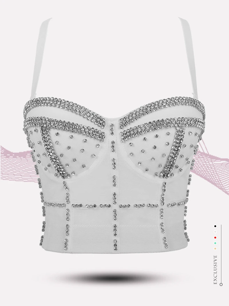 Sexy espartilho strass bustier colheita topo rave