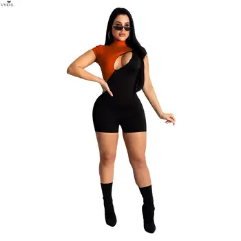 

2020 Summer Women Playsuits Hole Patchwork Sexy Jumpsuits Short Sleeve Streetwear Rompers Night Clubwear Party One Piece Outfits