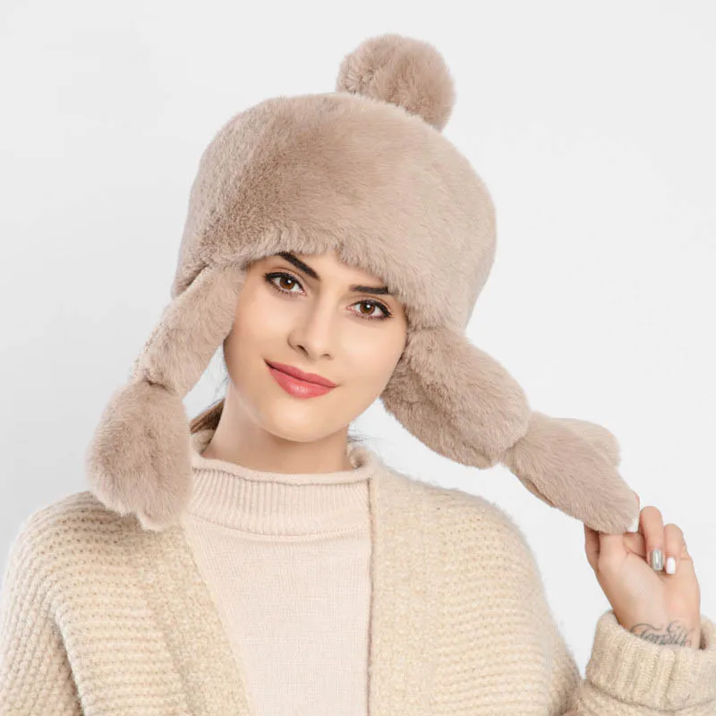 Fibonacci New Women's Bomber Hat Knit Plush Faux Fur Hats Winter Windproof Warm Ear Protect Bomber Russian Ushanka Cap
