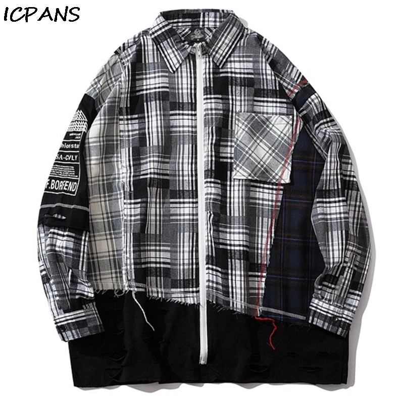 

ICPANS Patchwork Pocket Long Sleeve Zipper Plaid Shirt Hip Hop Streetwear Dress Shirts Distressed Destroyed Holes Color Block