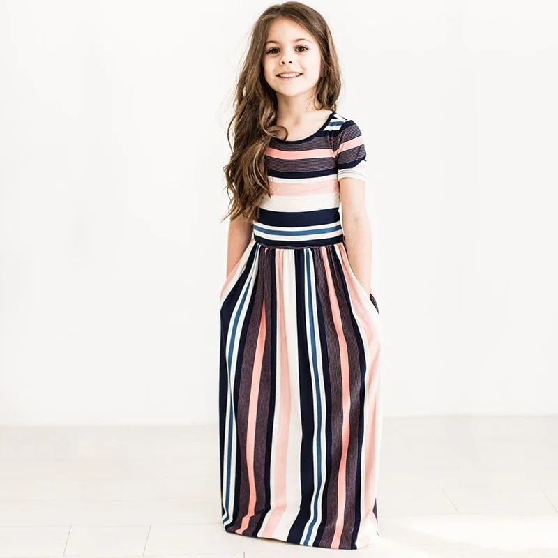 

2020 sumner Children's Clothing 3-10y Kids Colorful Stripes Printed Soft Dress