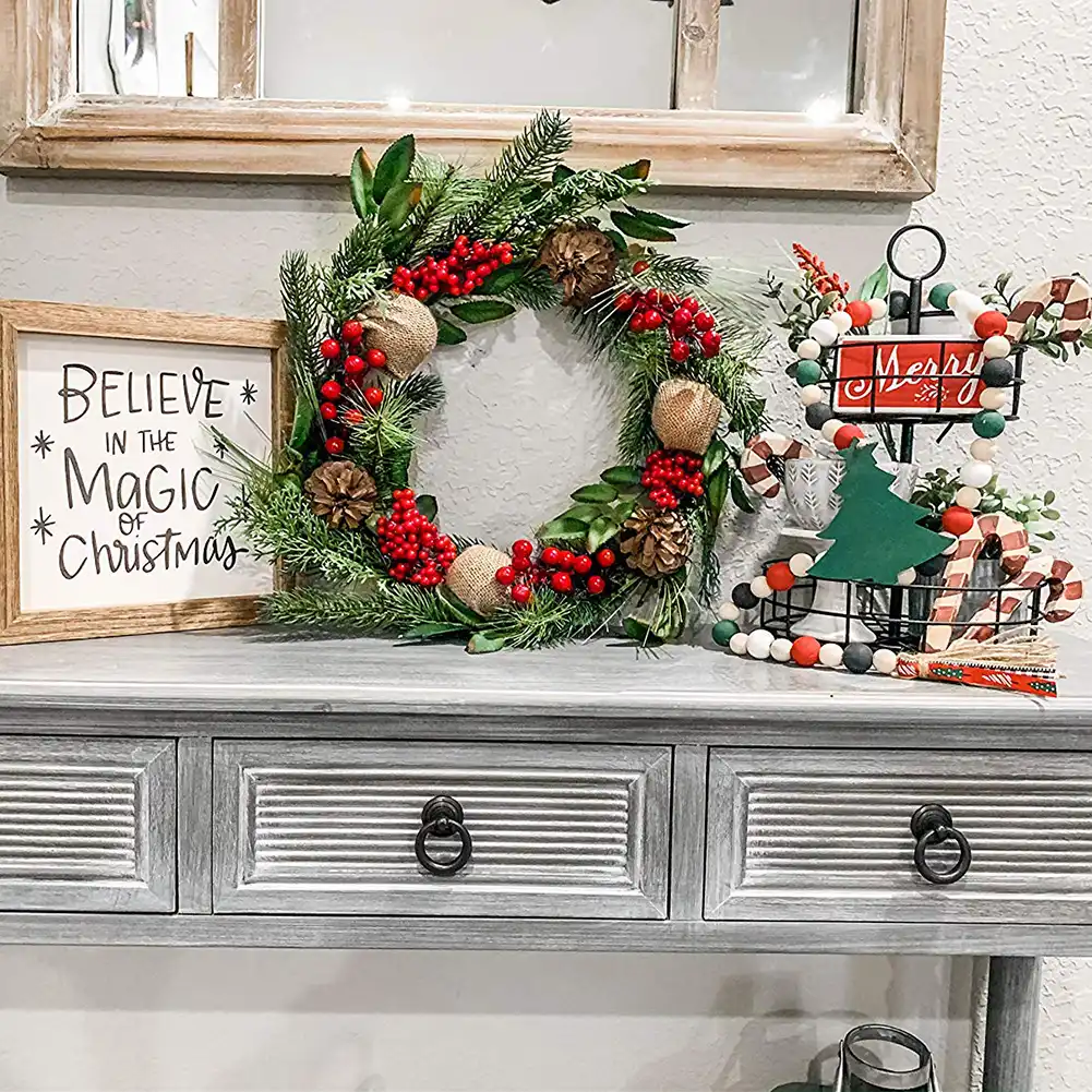 18in Christmas Wreath Window Door Ideal Winter Advent Garland Decorated Red Berries Evergreen Leaves Burlap Ball Indoor Outdoor Aliexpress