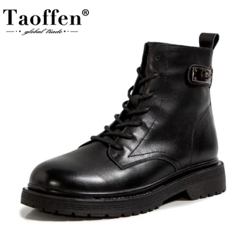 

Taoffen Real Leather Women Ankle Boots Metal Buckle Cross Strap Zipper Flats Shoes Warm Boots Women Party Footwear Size 34-39