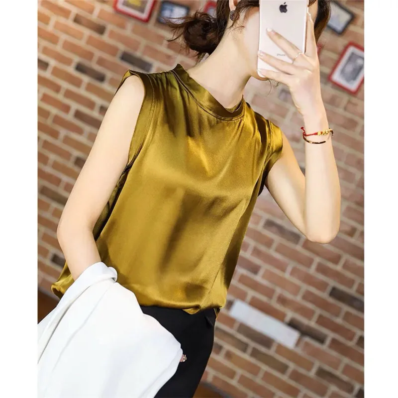 Summer New Satin Vest Women O Neck Sleeveless Pullover Top Loose Inner Wear Elegant Bottoming Shirt All-match Trend 3 Color
