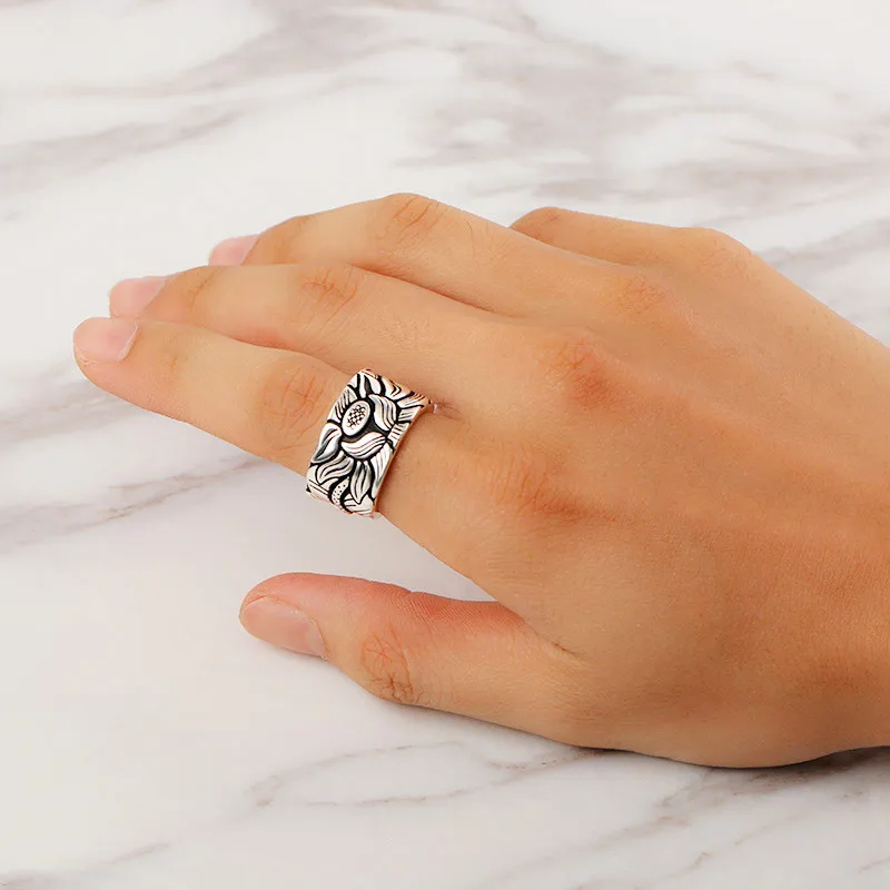 

Lotus Heart Sutra Wide Face Ring Opening Rings Male Domineering Retro Jewelry Gift