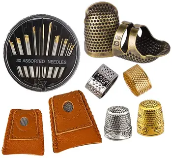 

LMDZ 8 Pcs Sewing Thimble,30 Pcs Sewing Needles, Finger Protector Thimble Adjustable Metal Bronze Rings and Leather Coin Thimble