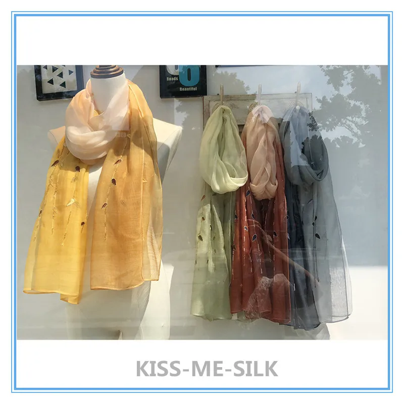 

KMS New silk wool embroidery high-end scarf leaves hand-embroidered silk scarf shawl for Girl Lady Women 68*185CM/50G