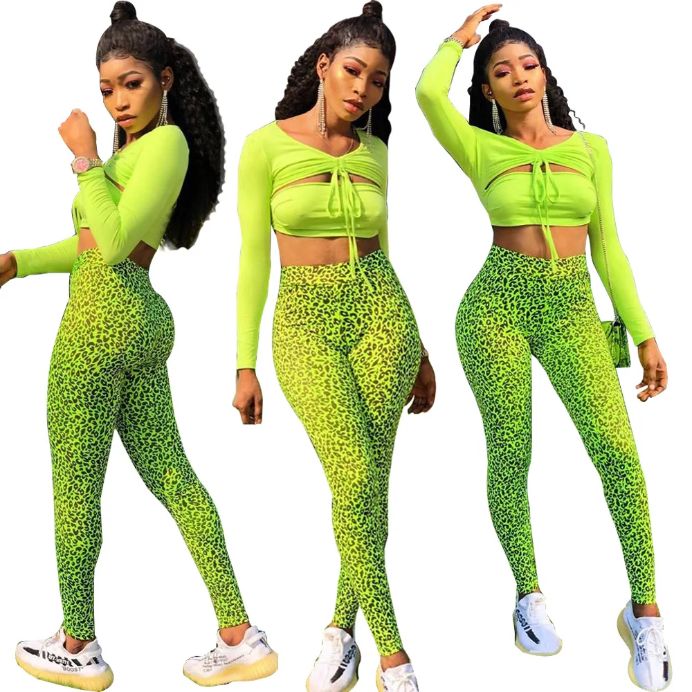 

Punk Style Women Autumn Skinny Neon Green Long Sleeve Crop Top+ Leopard Trousers Two Piece Outfits Tracksuit Casual Female Sets