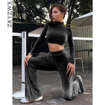 

ZKYZWX Velvet Tracksuit Two Piece Women Long Sleeve Crop Top and Pants Autumn Winter Clothes Sexy 2 Piece Outfits Matching Sets