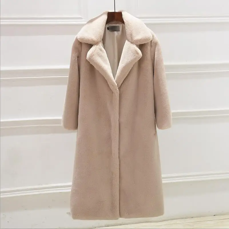 Зимнее женское высококачественное пальто из искусственного кроличьего меха, роскошное длинное меховое пальто, свободное пальто с отворотом, толстое теплое женское плюшевое пальто больших размеров - Цвет: Apricot