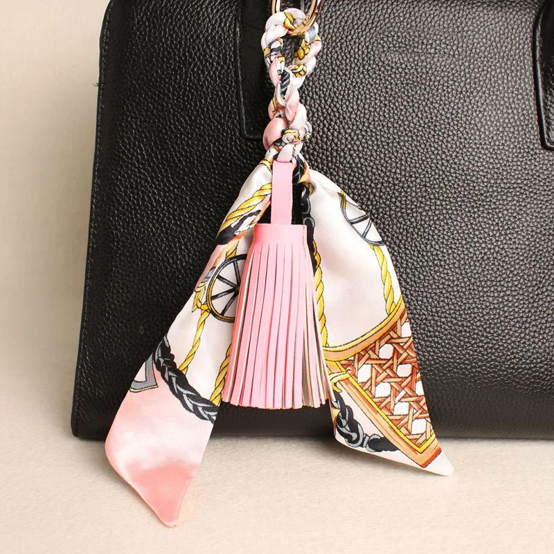 Multicolor Silk Ribbon Faux PU Leather Tassel Keychain Pendant For Bag
