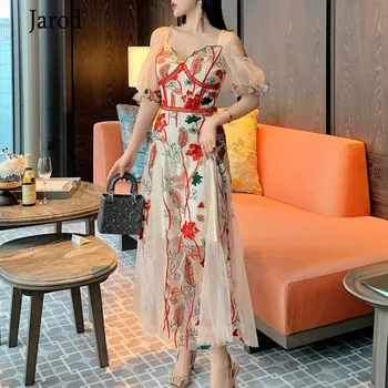 

New fashion Flower Embroidery Holiday Long Dress 2020 Summer Women Sexy off shoulder Casual Mesh party Dresses