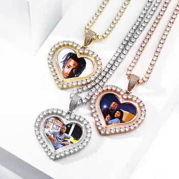 

Custom Photo Pendant Heart Rotating Shaped Pendant Necklace Iced Cubic Zirconia Pendant Hip Hop Jewelry For Men Necklace