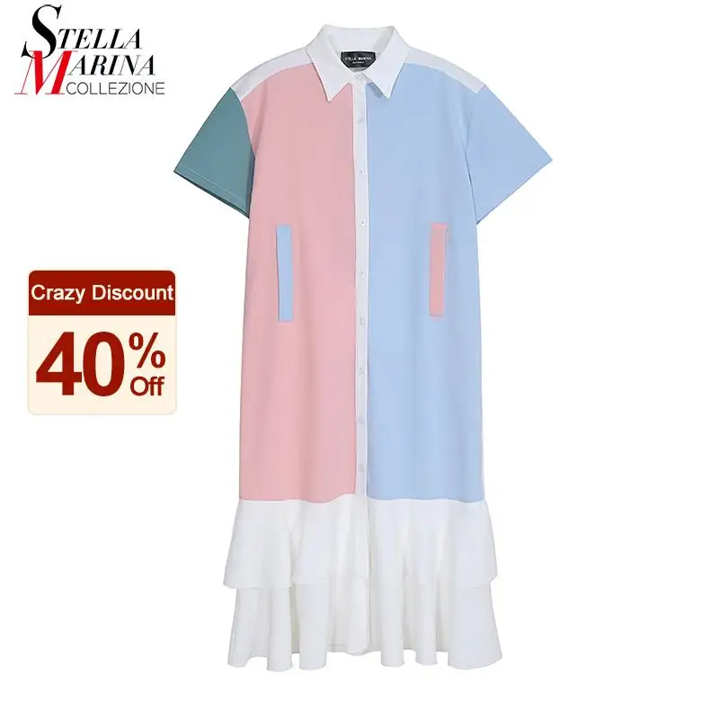 En venta Nuevo 2021 Color diseño de retales de verano Mujer recto Midi vestido de camisa con volantes dobladillo señoras lindo Casual traje mujer estilo 8223 Zn7mzNzL6G1