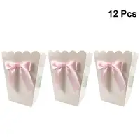 12pcs Bow White Popcorn Boxes Candy Snack Printing Treat Box Decoration Container Birthday Baby Showers Wedding Party Supplies