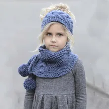 Модная детская одежда шарфы-повязки теплые Подставки для фотографий зимние; вязанные; шерстяные Кепки синий шапка вязаный шарф, комплект из двух вещей