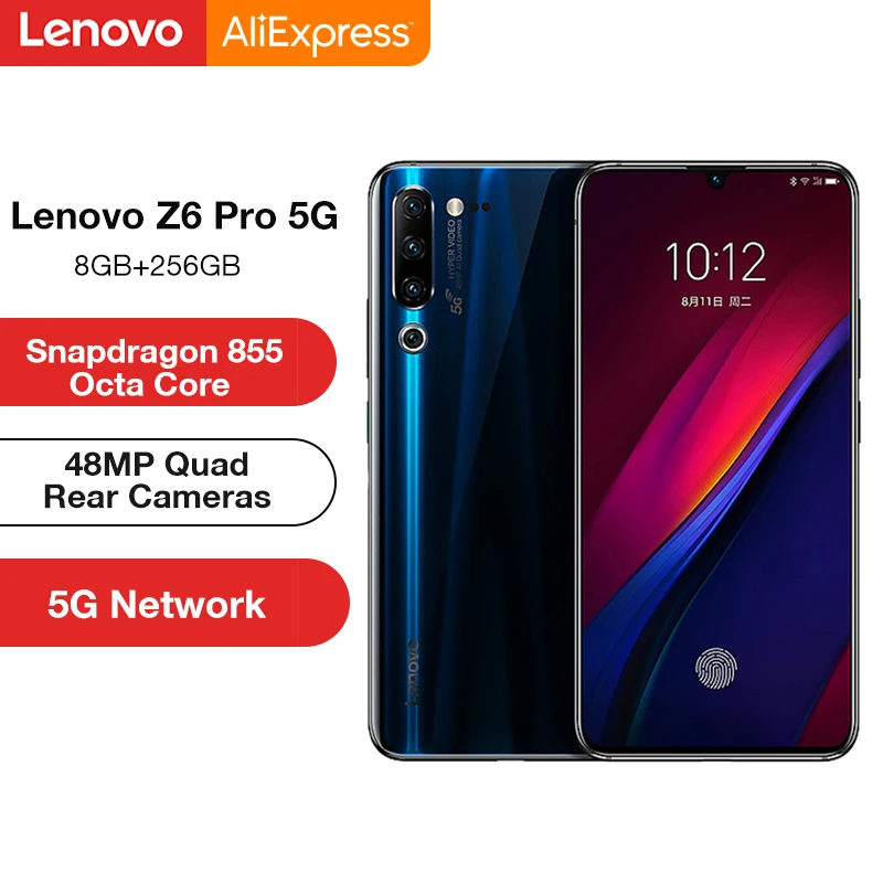 lenovo Z6 Pro с глобальной прошивкой, 5G, 8 ГБ, 256 ГБ, Восьмиядерный процессор Snapdragon 855, FHD дисплей 6,39 дюйма, 4000 мАч, 48 МП, четырехъядерный процессор, сеть 5G