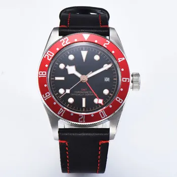 

41mm GMT Mens Watch Red bezel black sterile dial Automatic Sapphire glass Waterproof Calendar Luminous mechanical wristwatches