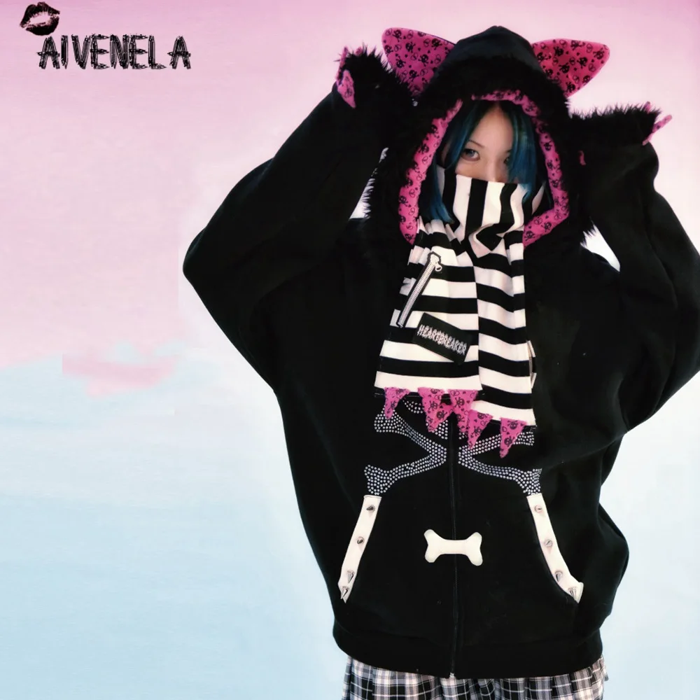Harajuku Gothic Long Sleeve Skull Sweatshirt Women Velvet