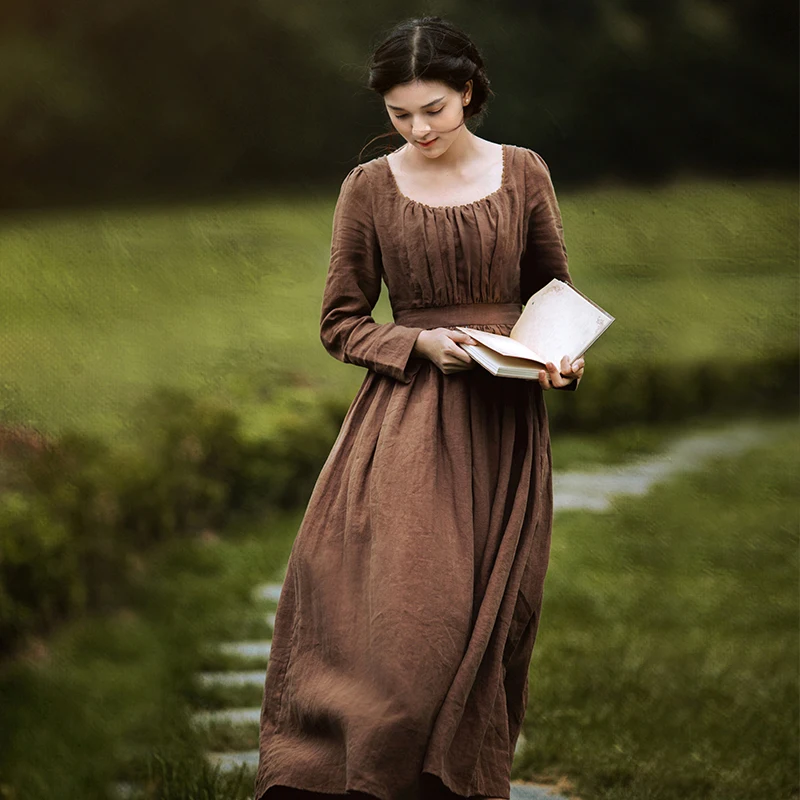 Vestido largo de lino y café de 100% para mujer, Túnica elegante de manga larga y cintura alta, Vintage real Victoria, para primavera y otoño