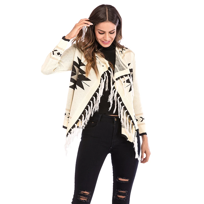 

Female Autumn Winter Geometric Pattern Tassel Knit Cardigan Slim Versatile Jacket Women Sweater