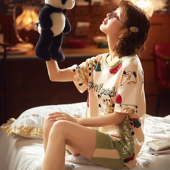 

New Female Underwear Spring Summer Pajama Mujer Green Women's Nighty Cartoon Ladies Sleepwear Short Sleeve shorts Nightwear suit
