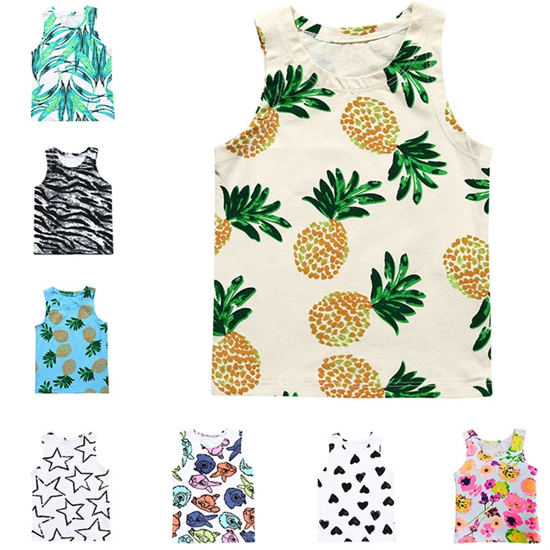 

2020 Summer Newborn Baby Boys Cartoon Cotton Vests Infant Girls Print Sleeveless Vest Outfit Thin Yellow Pineapple Toddler Tops
