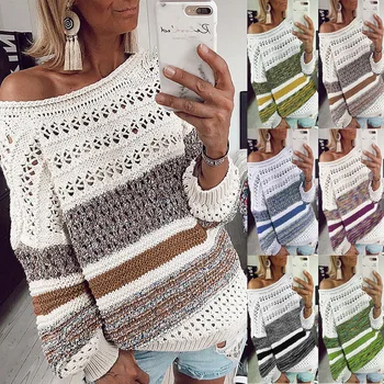 

Autumn New Printed round Neck Sweater Casual Loose Hollow Sweater Women