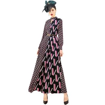 

2020 Spring Chiffon Casual Geometric Long Dress Patchwork High Quality Ankle-Length Women Runway Dress Vintage DZ2375