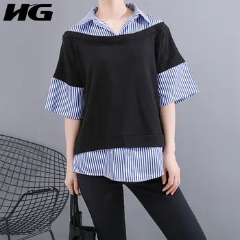 

HG Fashion Fake Two-piece T Shirt Striped Splicing Polo Collar Plus Size Loose Women Clothes 2020 Summer New Women Top XJ4576
