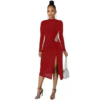 

New Women Dress Sparkly Rhinestones Bandage Dress Long Sleeve Mock Neck Wrap Elegant Dress Side High Split Clubwear Party Dress