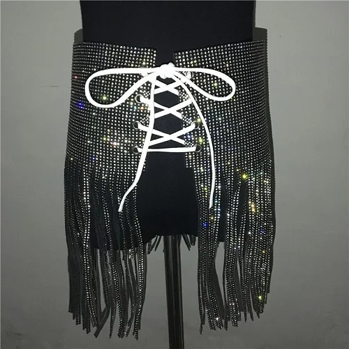 Sexy Women Sequins Tassel Skirts Ladies Sparkly Diamond Rhinestone Skirts High Waist Mini Skirt Gold Silver Black - Цвет: Черный