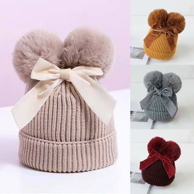 Children's Winter Kids Baby Girls Boys Pompom Hats Knitted Warm Beanie Caps With 2 Two Double Pom Toddler Bow Hats Hairball Cap 4
