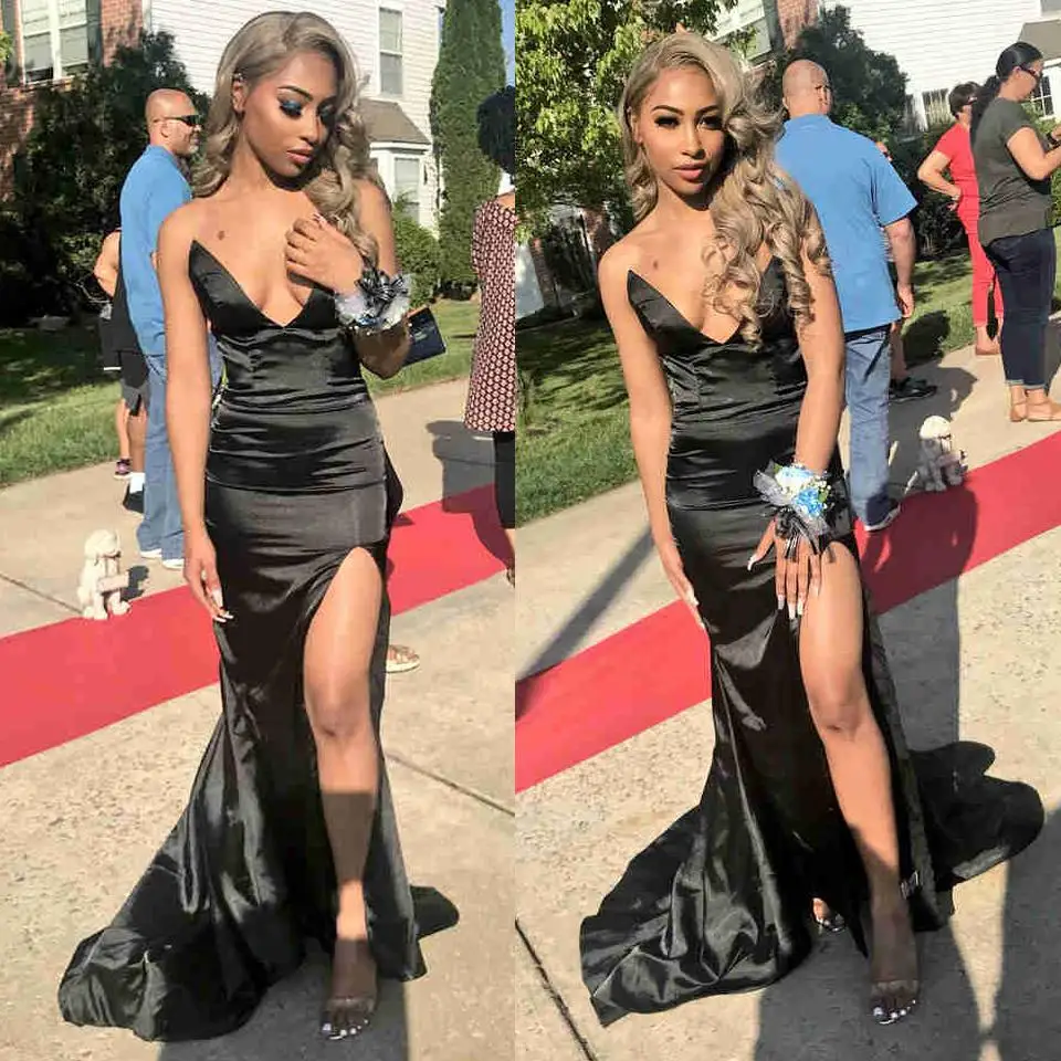 

Sexy Black Mermaid Prom Dresses Deep V Neck Satin Side Split Sweep Train Special Occasion Evening Gown