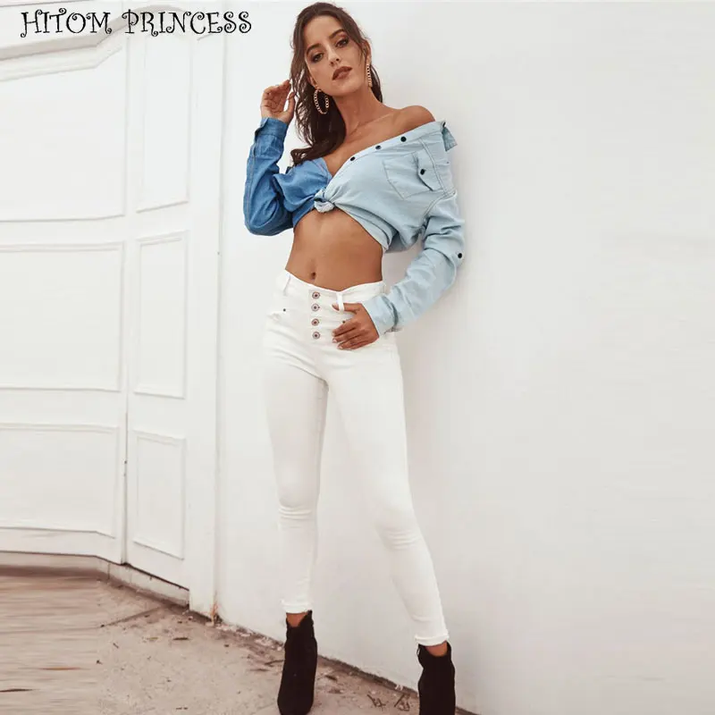 HITOM PRINCESS/белые женские джинсы на пуговицах, обтягивающие джинсы с высокой талией для женщин, Стрейчевые узкие джинсовые брюки, женские джинсы, брюки
