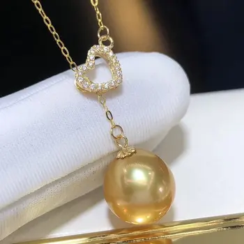 

D503 Pearl Pendant Fine Jewelry Solid 18K Gold Almost Round 10-11mm Natural Ocean Sea Water Golden Pearls Pendants Necklaces
