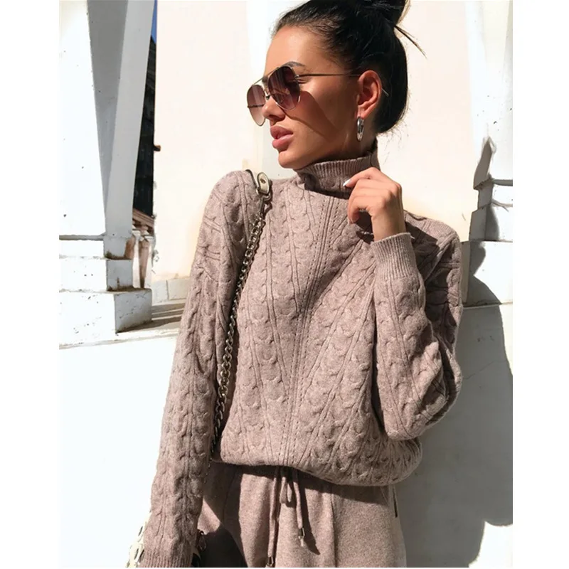 Autumn Winter Knitted Turtleneck Tracksuit For Women Casual Knitted Trousers+Turtleneck Sweater Women's Suit Warm Female Tracks|Pant Suits|   - AliExpress