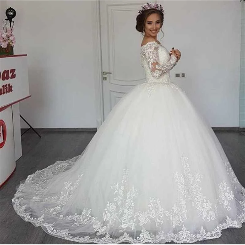 

Princess Vestidos De Novia Off The Shoulder Wedding Dresses Ball Gown Long Sleeves Appliqued White Ivory Puffy Bride Dresses