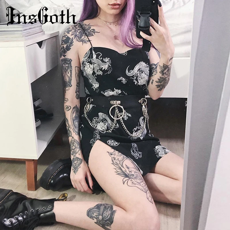 Винтажное платье с принтом дракона InsGoth сексуальное облегающее женское мини