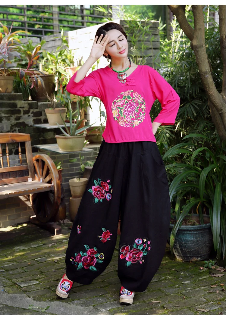 KYQIAO винтажные широкие брюки pantalones mujer женские зимние весенние Длинные розовые красные черные брюки с вышивкой pantalon femme