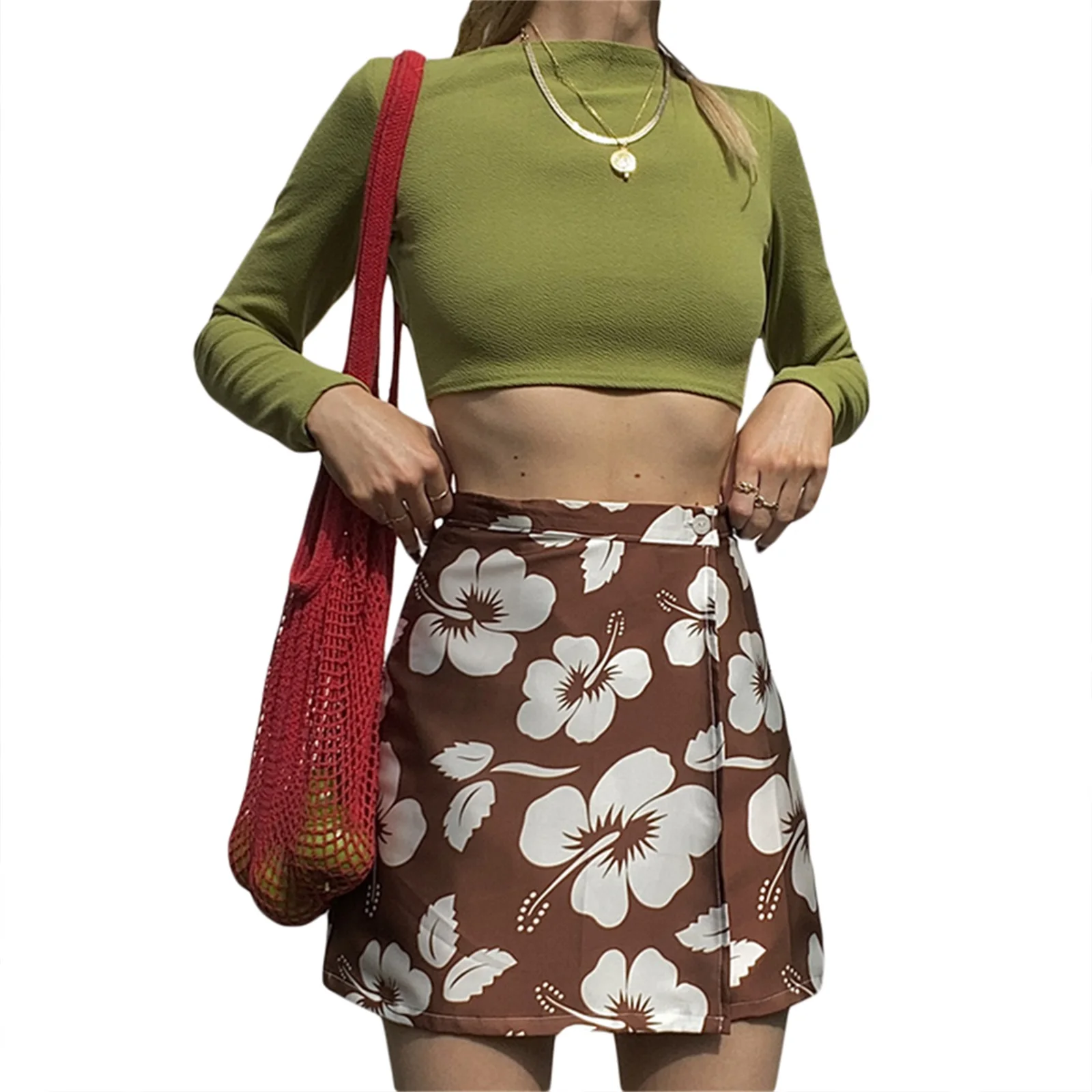 

Ladies Short Bust Skirts Summer Autumn Girls Leisure Style Flower/Spiral Printing High Waist Type Split Half Skirts