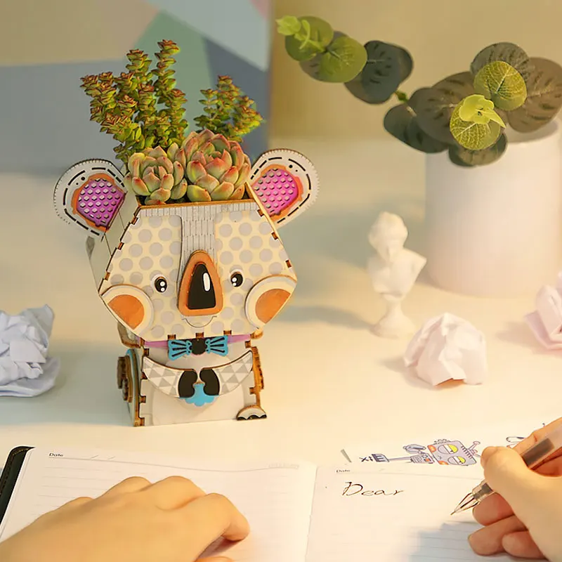 Creative DIY 3D Puzzle Cartoon Robot Flower Pot for Succulent Wooden assembly Desktop Home Garden Succulent Box education puzzle