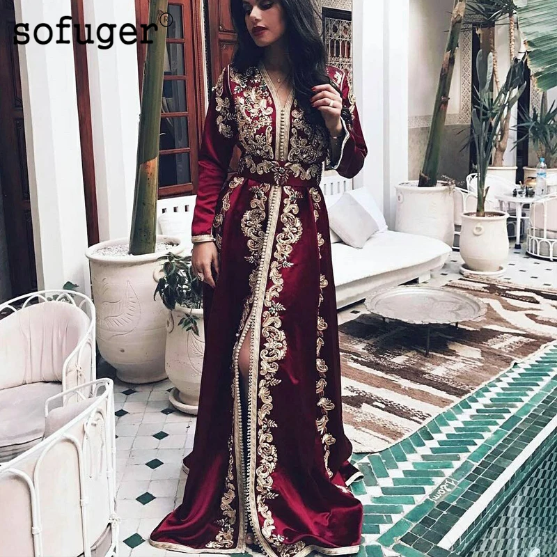 

Burgundy Dubai Evening Dresses Golden Moroccan Kaftan Lace Appliques Belt Saudi Arabic Muslim Special Occasion Party Plus Size