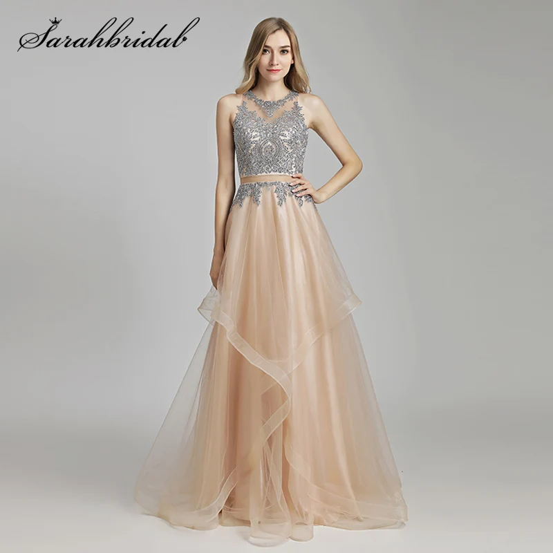 

Elegant Formal Evening Dresses Banquet Floor length O Neck Lace Appliques Tulle Sleeveless Long Party Gowns Robe Soiree LX490