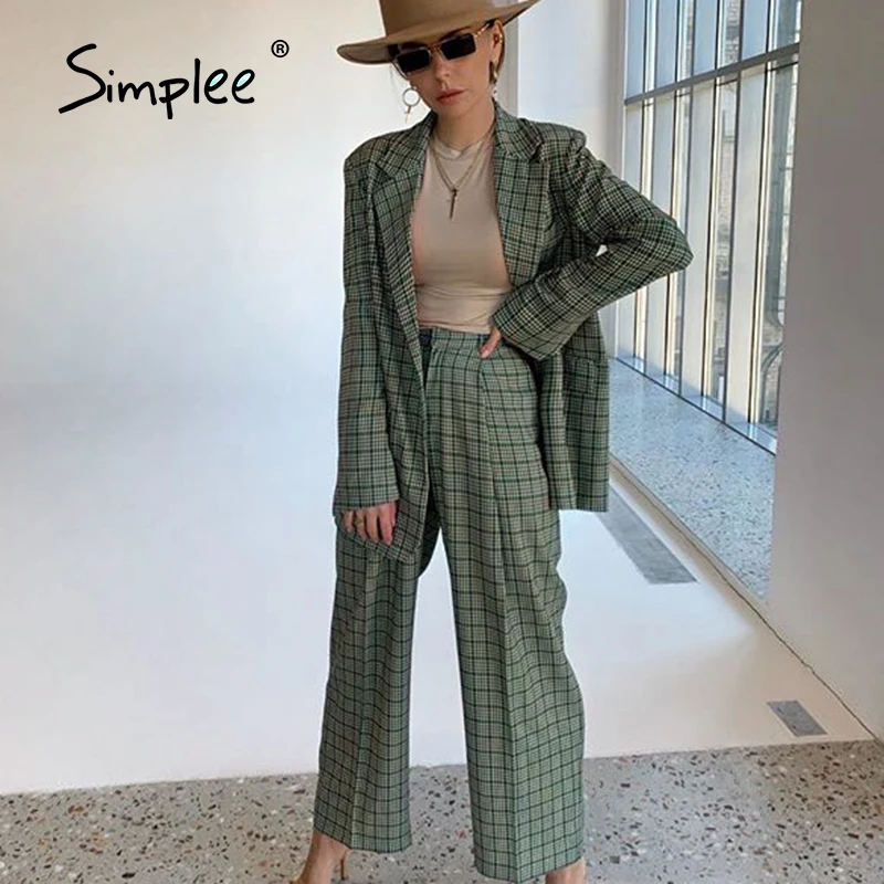 Simplee Setelan Blazer Wanita Dua Potong Kotak kotak Elegan Pakaian